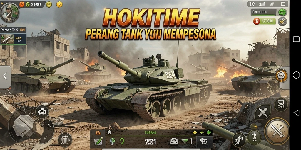Antarmuka HOKITIME menampilkan pertempuran tank yang seru dan dinamis.